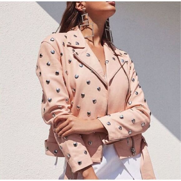 Lovers + friends pink studded heart moto leather jacket size S - Picture 2 of 16
